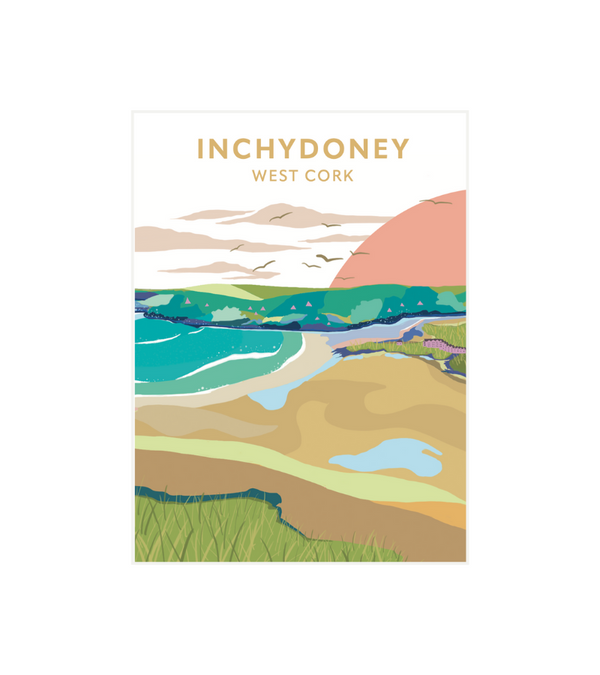 This a4 Inchydoney print was designed by Clonakiltys Nina Cáit Gilbert and depicts the breathtaking Inchydoney Strand.